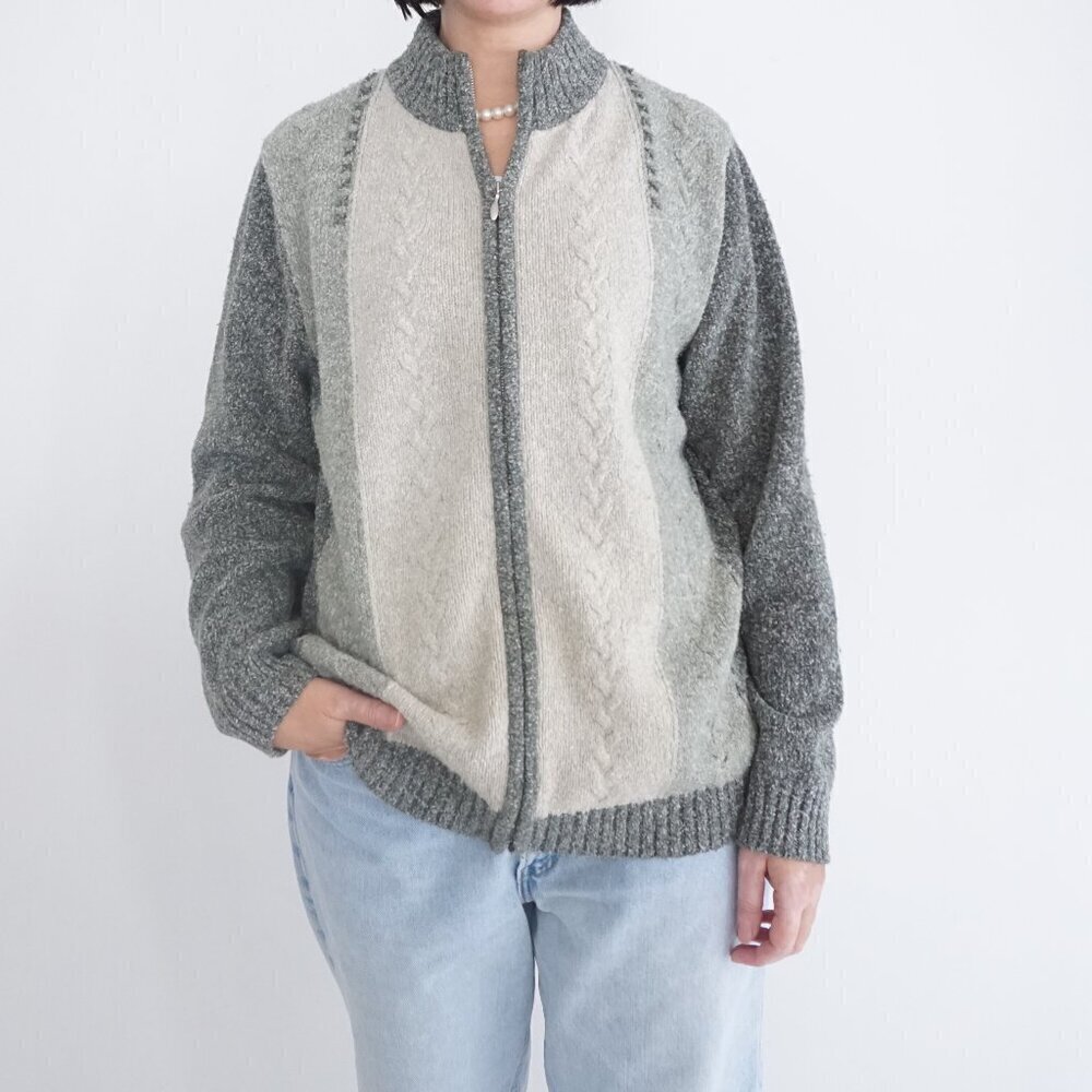 Vintage Multi Color Cable Knit Zip Up Cardigan Sweater L